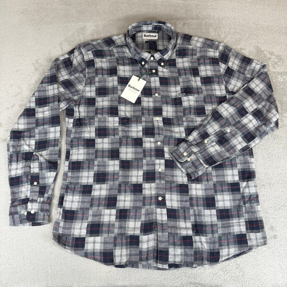Barbour Sault Tartan Plaid Flannel Shirt Mens XXL Blue Granite Button-Down NWT